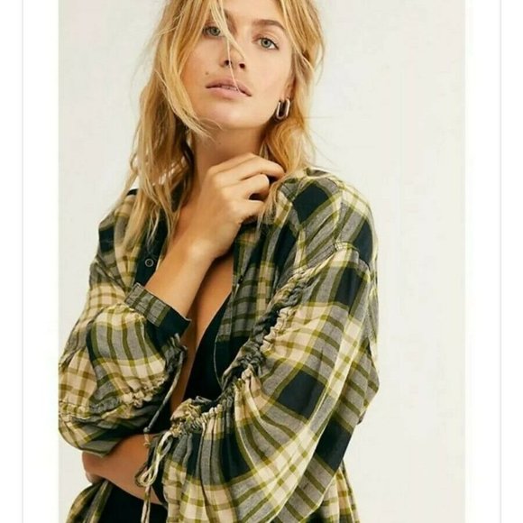 Free People Plaid Button Down Blouse Top XS - Picture 3 of 4
